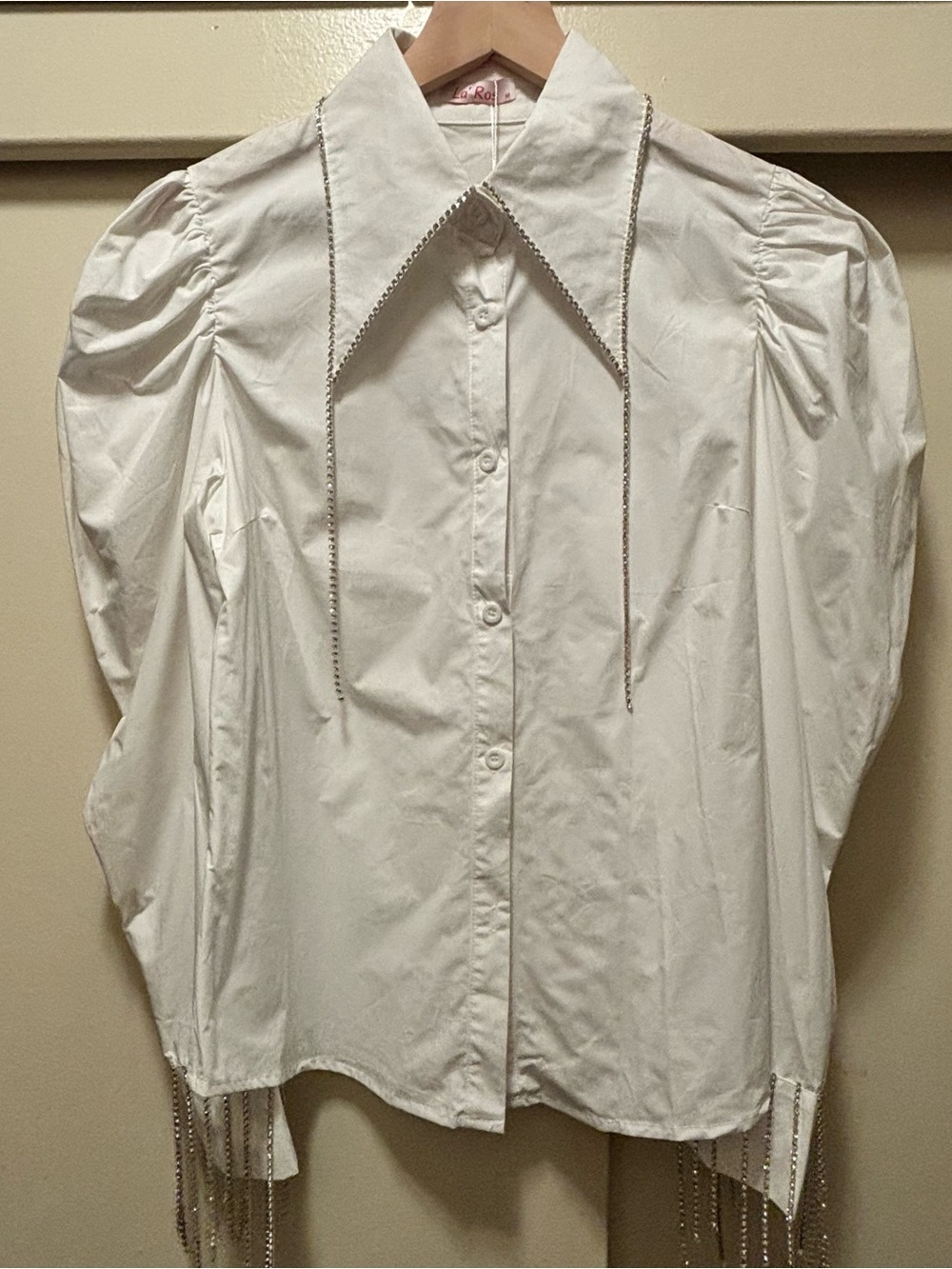 NWT La Ros White  Puff Sleeve Button-Down Shirt with rhinestones size M